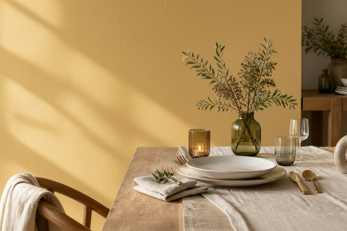 Table dressée avec vaisselle, bougies et fleurs pour Gold'N Deco