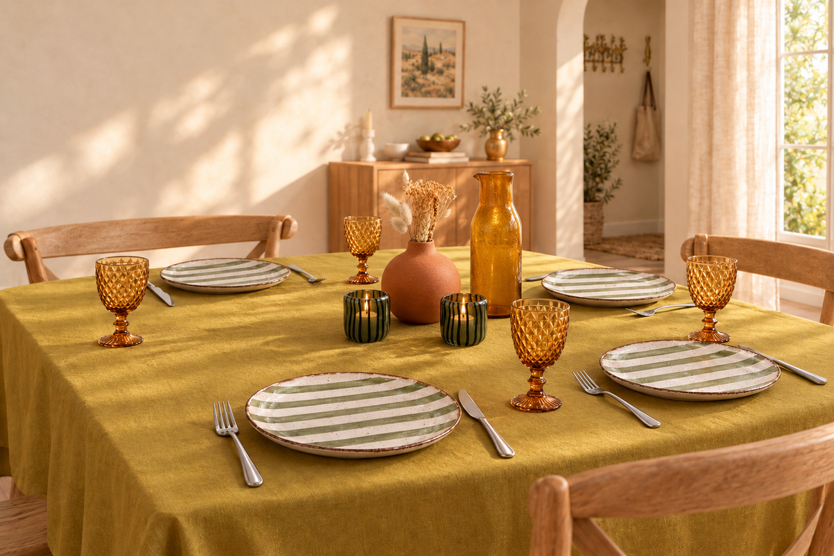 Table chaleureuse dressée avec les articles Gold’N Deco