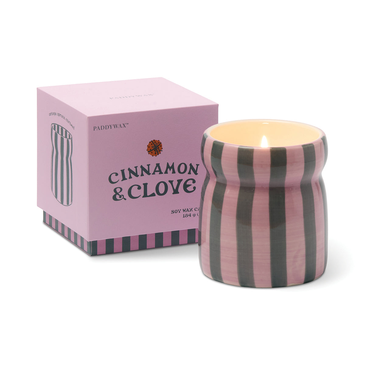 Bougie Cabana Noël rayée rose et vert Cinnamon & Clove – Paddywax
